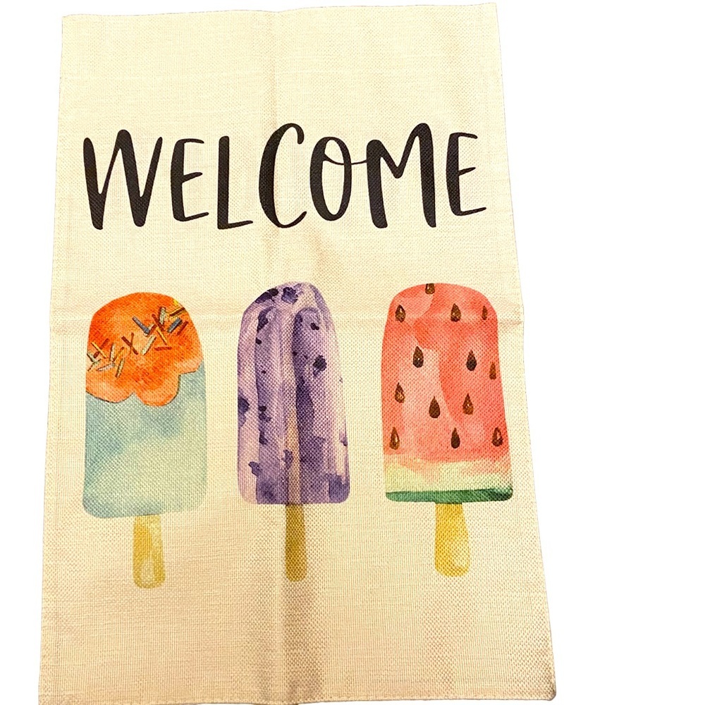 Welcome Summer Popsicles Burlap Garden Flag Double Sided Ice Cream Lot of 2 New.